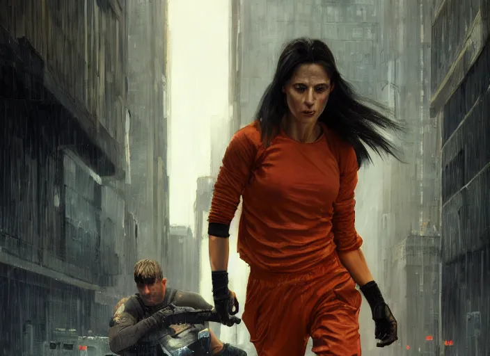 Image similar to Maria evades sgt Nash. Cyberpunk hacker in orange jumpsuit escaping menacing police troopers (blade runner 2049). beautiful face. Rooftop free running. Orientalist portrait by john william waterhouse and James Gurney and Theodore Ralli and Nasreddine Dinet, oil on canvas. Cinematic, hyper realism, realistic proportions, dramatic lighting, high detail 4k