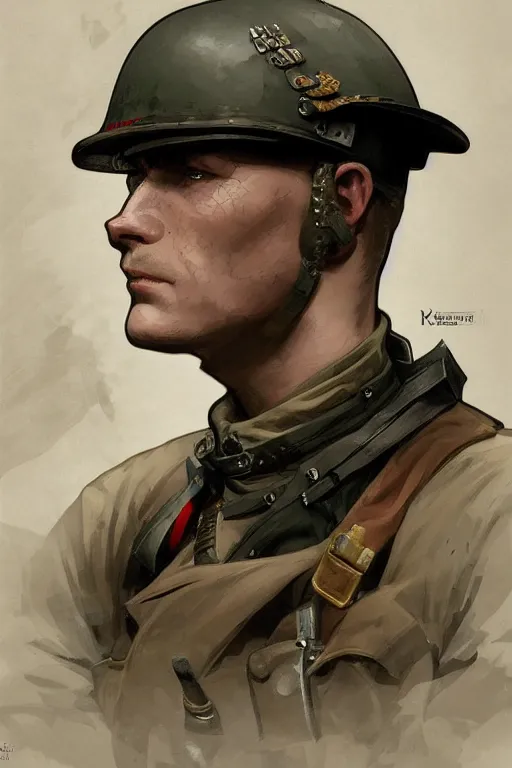 Image similar to A full portrait of a german world war two soldier, intricate, elegant, highly detailed, digital painting, artstation, concept art, smooth, sharp focus, illustration, art by Krenz Cushart and Artem Demura and alphonse mucha