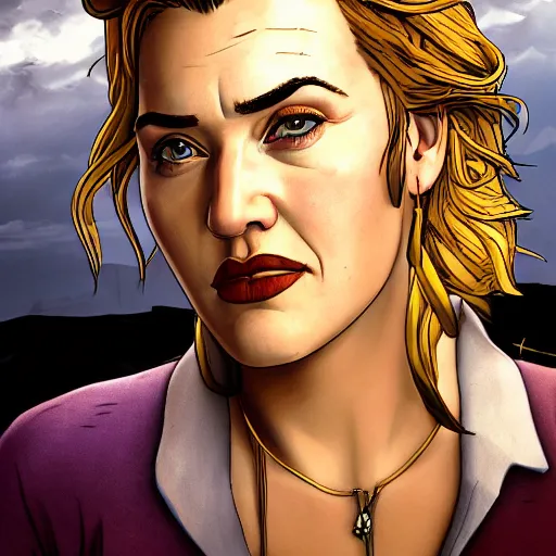 Image similar to kate winslet portrait, borderlands, tales from the borderlands, the wolf among us, comic, cinematic lighting, studio quality, 8 k