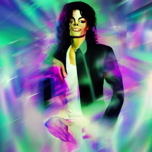 Image similar to motion blurred Michael Jackson Album cover in vaporwave feel