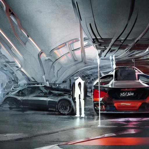 Image similar to sci-fi wall structure logotype and car on the coronation of napoleon painting and digital billboard in the middle, unreal engine 5, keyshot, octane, artstation trending, ultra high detail, ultra realistic, cinematic, 8k, 16k, in style of zaha hadid, in plastic, dark, tilt shift,