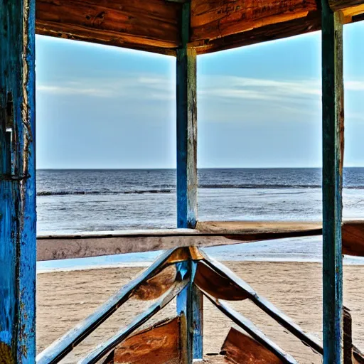 Image similar to seaside wickered furniture, cool morning, open breezeway, blue hour, old weathered wood, solitude and safety forever