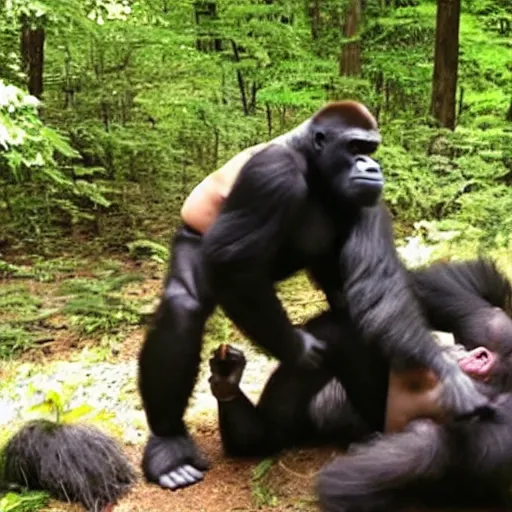 Image similar to joe rogan wrestling a gorilla in the dmt forest