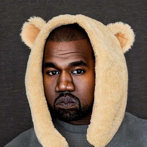 Image similar to ( the face of kanye west ) wearing teddy bear costume at 4 0 years old, portrait by julia cameron, chiaroscuro lighting, shallow depth of field, 8 0 mm, f 1. 8