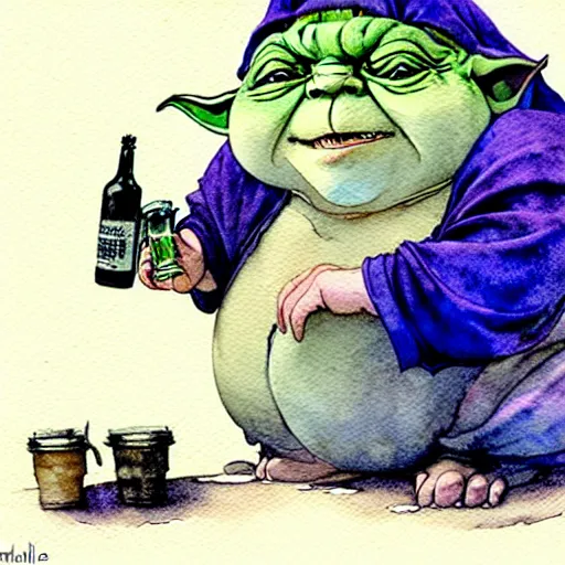 Image similar to a realistic and atmospheric watercolour fantasy character concept art portrait of a fat chibi homeless yoda wearing a wife beater drinking out of a broken bottle, by rebecca guay, michael kaluta, charles vess and jean moebius giraud