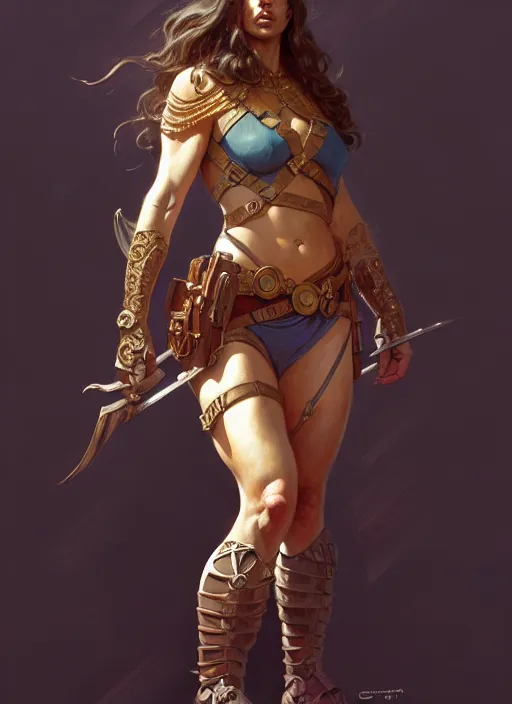 Prompt: portrait of a full body beautiful female cpace captian, d & d, fantasy, flat lighting, intricate, muscular, highly detailed, digital painting, artstation, concept art, smooth, sharp focus, illustration, art by simon bisley and greg rutkowski and alphonse mucha, natural tpose