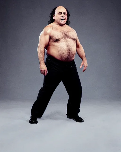 Image similar to portrait of danny devito as a wwe professional wrestler. photographic, photography