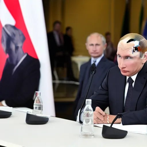 Image similar to press photo annie leonhart, vladimir putin hold joint press conference in biarritz, press conference, zeiss 1 5 0 mm, sharp focus, natural lighting, ultra realistic, high definition 4 k photo, g 7 summit press photos