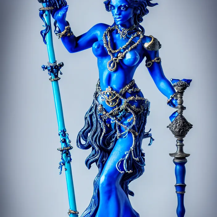 Image similar to photograph of a real - life very beautiful elemental water witch with ornate blue robs and staff, extremely detailed. dslr. 8 5 mm.