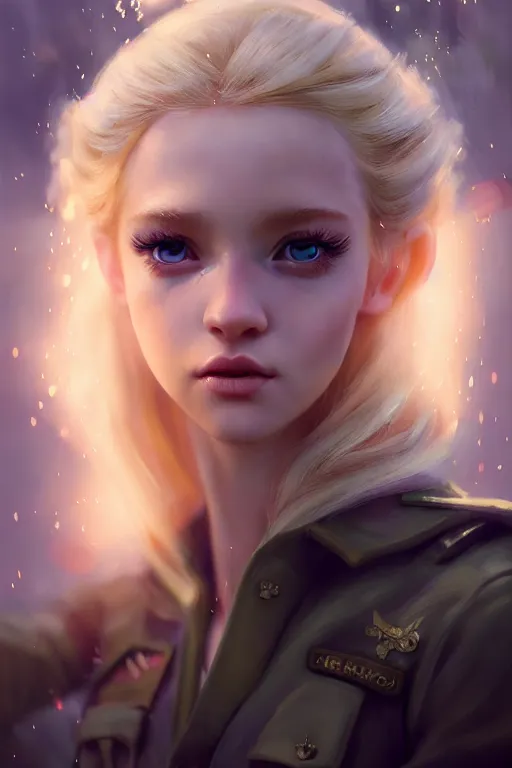 Image similar to cinematic shot of an epic portrait of a cute blonde fairy dressed in military clothes, stylised military clothes, shiny skin, beautiful eyes, beautiful, small details, night setting, realistic poster with volumetric light from craig mallism, artgerm, jeremy lipkin and michael garmash, unreal engine, radiant light, digital art, trends at art station, a masterpiece