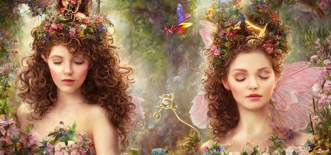 Prompt: beautiful fairy, perfect face and body, with curls, at her birthday party in a magic garden, around monkeys, diamonds and scissors, details, smooth, sharp focus, illustration, realistic, cinematic, artstation, gold, ornate, award winning, original modern artwork, rgb ethereal lighting, 8k