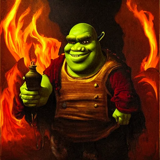 Prompt: baroque oil painting of shrek standing in hell, overcast, evil, lava and fire