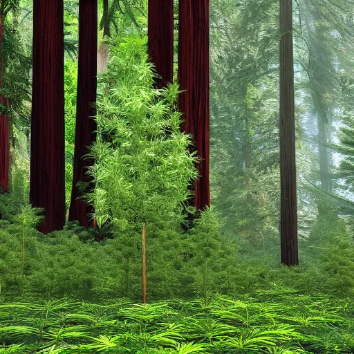 Image similar to of marijuana plants instead of coastal redwood trees in the redwoods forest in california, 4 k photorealism hd