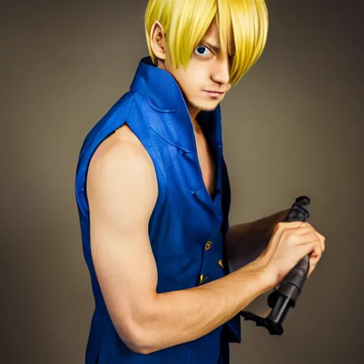 Image similar to A full portrait photo of real-life sanji one piece, f/22, 35mm, 2700K, lighting.