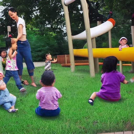 Image similar to an ethnically diverse group of toddlers. white. asian. hispanic. african. playing on a playground. oil on canvas exquisite. smooth. sharp focus. award winning. 8 k