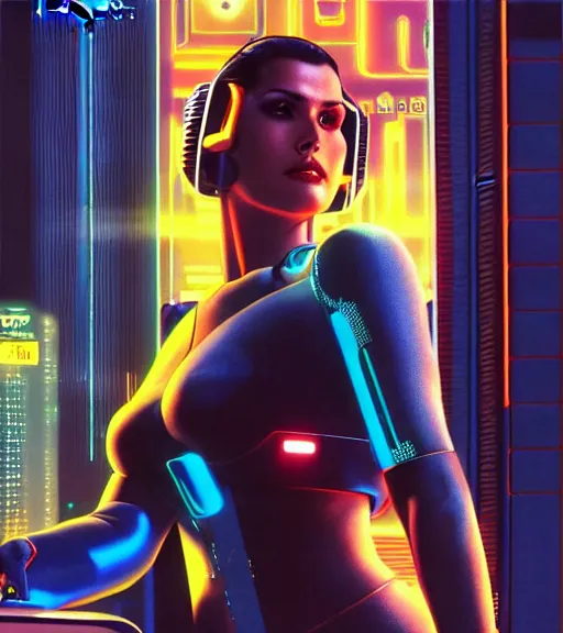 Image similar to cable plugged in, side of head, very very beautiful woman, cyberdeck computer terminal, street level night city, 1 9 7 9 omni magazine cover, style by vincent di fate, artgerm, cyberpunk 2 0 7 7, very coherent, detailed, 4 k resolution, unreal engine, daz