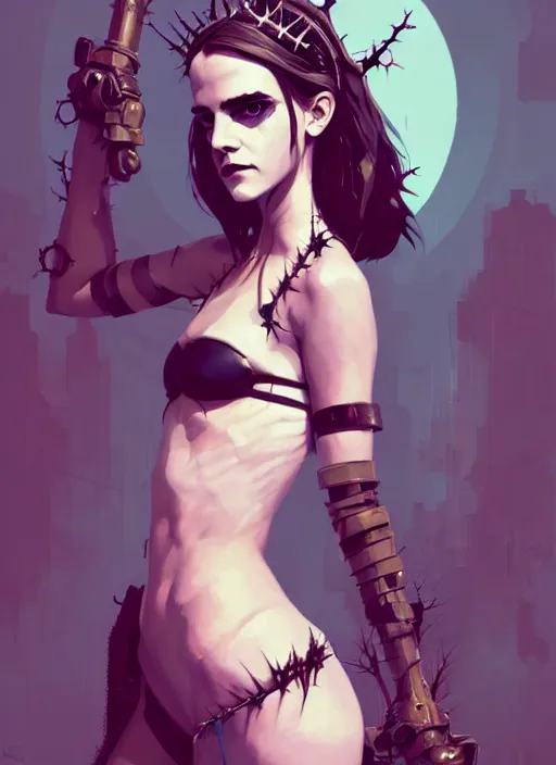 Image similar to portrait of cute goth emma watson with crown of thorns in cyber bikini armor, warhammer, cyberpunk, by atey ghailan, by greg rutkowski, by greg tocchini, by james gilleard, by joe fenton, by kaethe butcher, dynamic lighting, gradient light blue, brown, blonde cream and white color in scheme, grunge aesthetic