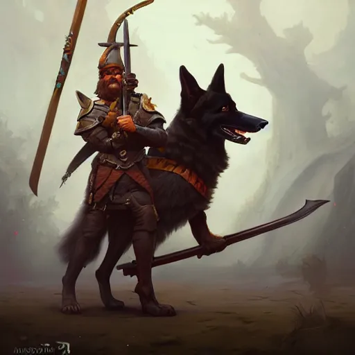 Image similar to anthropomorphic german shepherd warrior wielding a staff, dnd character art portrait, deviantart artstation, detailed matte fantasy painting, rendered in octane, cinematic lighting, by jason felix by peter mohrbacher by ross tran by brom