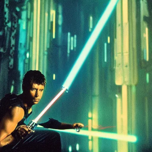 Image similar to 35mm film still jedi training with laser sword on an epic mountain, blade runner set in a rainy tropical forest, cool colors, moody, by Alex grey