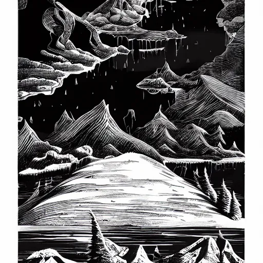 Image similar to impressive fantasy landscape, pure b & w, line art, ink illustration, engraving illustration, behance