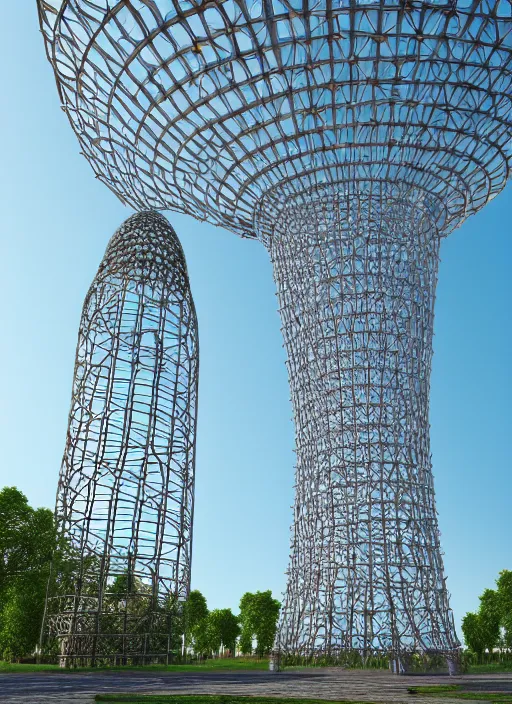 Image similar to highly detailed realistic architecture 3 d render of a stele shukhov tower standing in a city park, archdaily, made in unreal engine 4 octane render