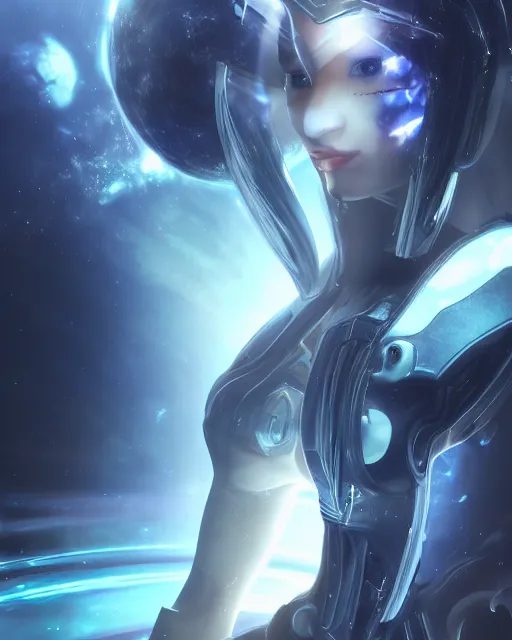 Image similar to perfect android girl on a mothership, warframe armor, beautiful face, scifi, futuristic, galaxy, nebula, raytracing, dreamy, long white hair, blue cyborg eyes, sharp focus, cinematic lighting, highly detailed, artstation, divine, by gauthier leblanc, kazuya takahashi, huifeng huang