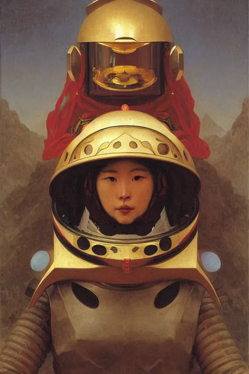 Image similar to portrait of a astronaut is a chinese dragon in armor and helmet, majestic, solemn, by bouguereau