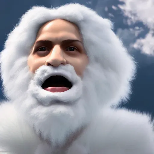 Prompt: beautiful 3D rendered fictional character, his head is made of fluffy clouds, wearing white suit, realistic, 8k, 4k, unreal engine, by Antoni Tudisco, artstation