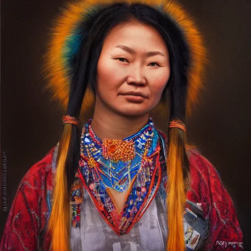 Prompt: portrait of a young yakuts woman ( 3 5 ) from yakutia, sakha republic, russia in 2 0 2 1, an oil painting by ross tran and thomas kincade