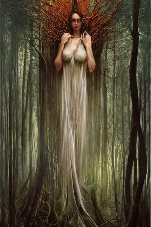 Prompt: the ghostly woman of the forest, karol bak,