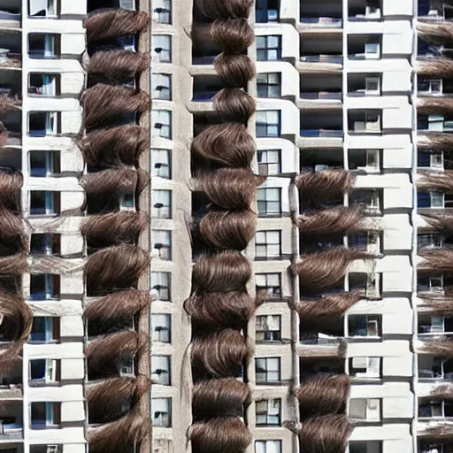 Image similar to a woman's hair grows from all the windows and doors of large apartment building, the hair reaches the ground, rendered