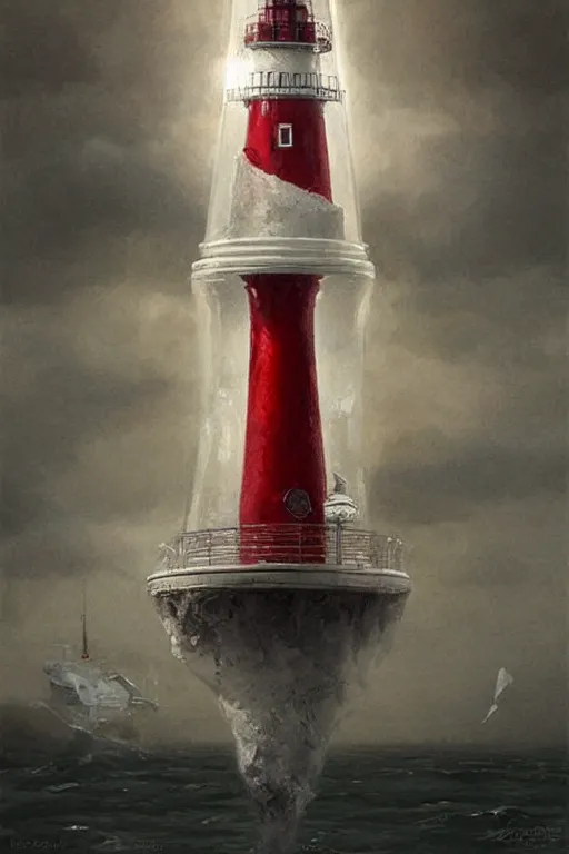 Prompt: a red and white lighthouse inside a clear bottle, very fancy whiskey bottle, intricate concept painting by by artgerm and greg rutkowski and edgar maxence and ruan jia