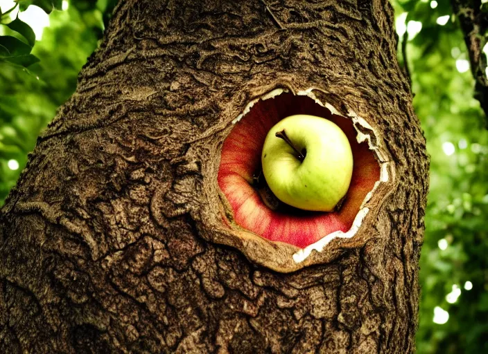 Prompt: 35mm photo of an (intricate!! apple that has transparent skin!! and a new universe visible inside!!), growing off a tree branch. very detailed, 8k, fantasy horror, award winning