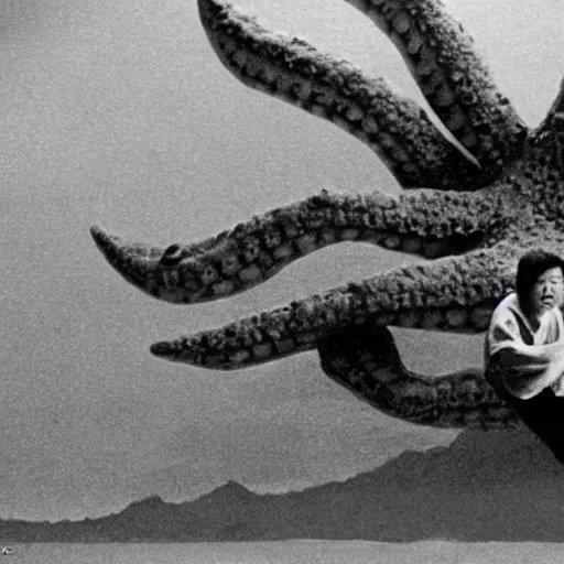 Image similar to a couple escaping from a giant Kaiju Starfish Monster over a traditional Korean village, minimal cinematography by Akira Kurosawa, movie filmstill, film noir, thriller by Kim Jong-il and Shin Sang-ok