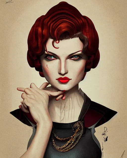 Image similar to portrait of lady dimitrescu from resident evil village, art deco style, beautiful, elegant, mesmerizing, concept art, highly detailed, smooth, fantastical, artstation, deviantart, trending, by tamara de lempick, sana takeda