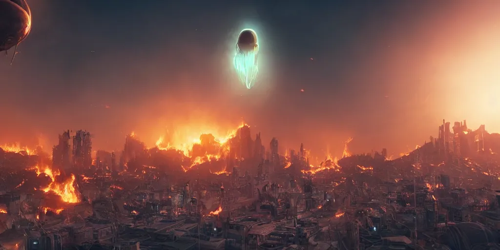 Prompt: an alien floating above a burning city, realistic 4 k octane beautifully detailed render, 4 k post - processing, highly detailed, intricate complexity, epic composition, magical atmosphere, cinematic lighting, masterpiece, ultra hd