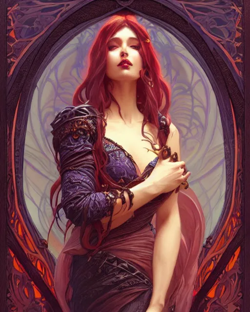 Image similar to beautiful sensual dark queen of the salvia art nouveau, D&D, fantasy, intricate, elegant, highly detailed, digital painting, artstation, concept art, matte, sharp focus, illustration, hearthstone, art by Artgerm and Greg Rutkowski and Alphonse Mucha