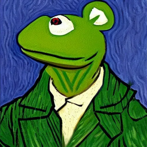 Image similar to kermit portrait, oil painting, visible brush strokes, by van gogh