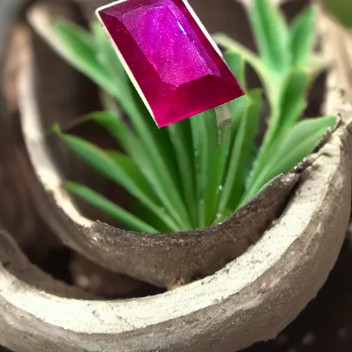 Image similar to a polished cut ruby gemstone growing from a plant