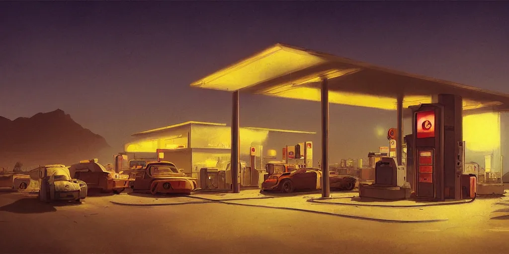 Prompt: A gas station in the desert at night, creepy and dramatic atmosphere, digital art by Greg Rutkowski and Studio Ghibli and Edward Hopper