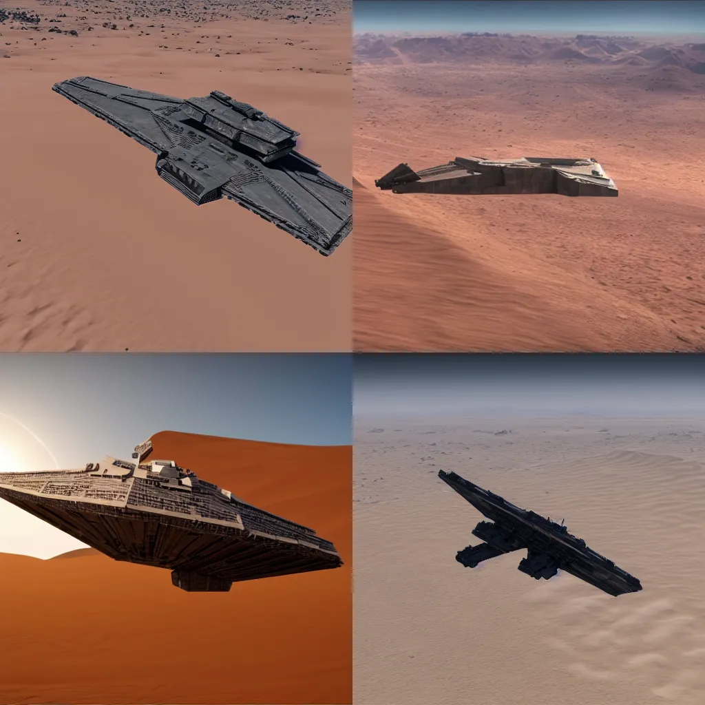 Prompt: star destroyer flying over a desert, 4k ultra Realistic, unreal engine 5 quality