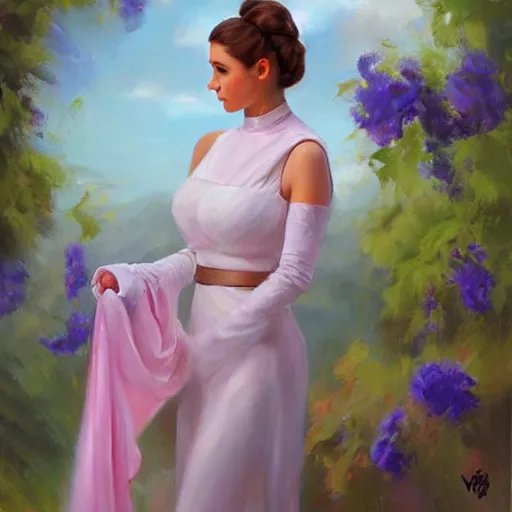 Prompt: Princess Leia, painting by Vladimir Volegov