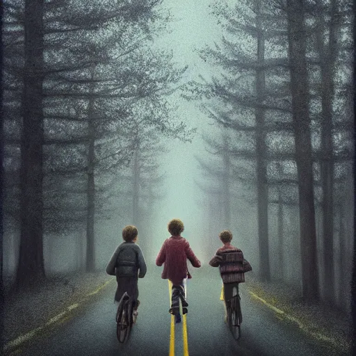 Image similar to the stranger things poster by Aron Wiesenfeld and beksincki, cinematic, detailed illustration, nature, fog, dark colors, suspense, intricate, 8k