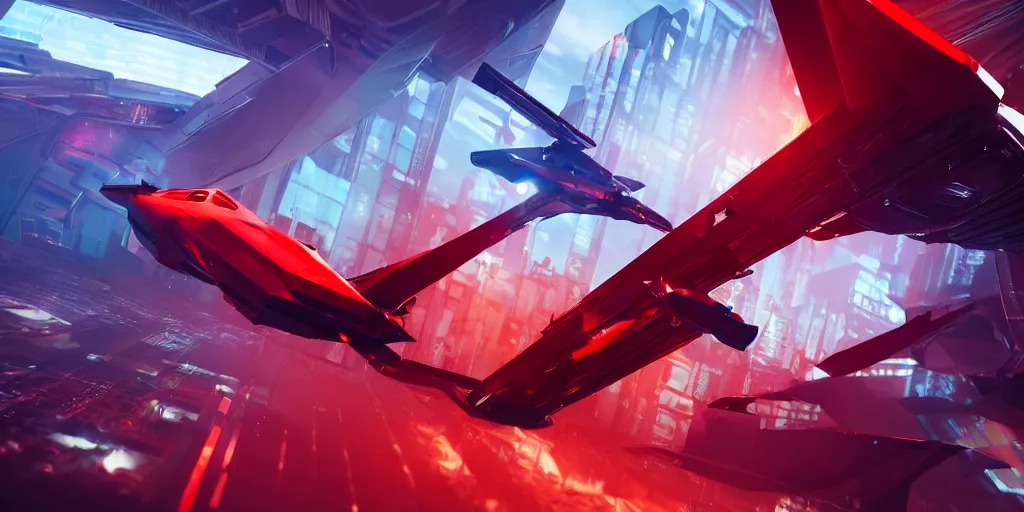 Image similar to cyberpunk concept inspired jet, futuristic look, highly detailed body, aerodynamic body, photorealistic camera shot, bright studio setting, studio lighting, crisp quality and light reflections, unreal engine 5 quality render, red and black tones, isometric view