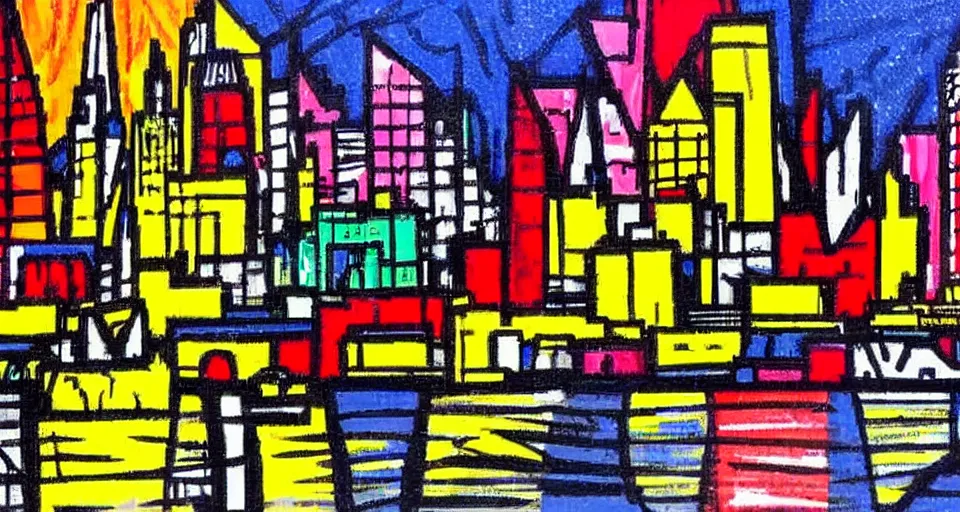 Image similar to color sketch of the london skyline, highly detailed, dramatic lighting, intense shadows, rich deep colours, by roy lichtenstein