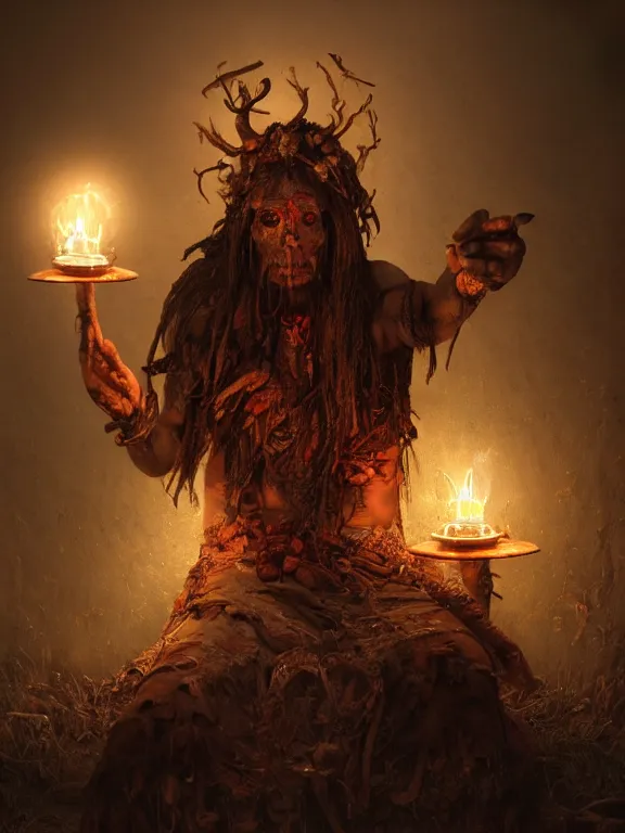 Image similar to fine painting of a death shaman from an ancient culture with mushrooms growing from his body, candlelight, 8 k, ultra realistic, lens flare, atmosphere, glow, detailed, intricate, full of colour, cinematic lighting, trending on artstation, 4 k, hyperrealistic, focused, extreme details, unreal engine 5, cinematic, masterpiece