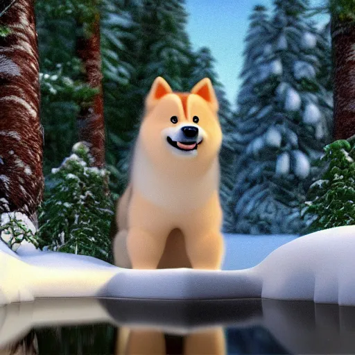 Image similar to happy finnish lapphund dog, snow, trees, stream, pixar, disney, 4 k, 3 d render, funny, animation, movie, oscar winning