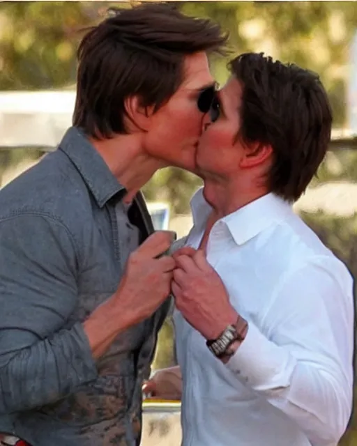 Image similar to a realistic photo of Tom Cruise kissing himself