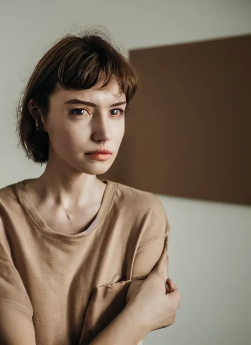 Prompt: a woman, studio lighting, beautiful face, serious expression, brown hair, wearing pants and a t-shirt, backlit, photo by Marat Safin, Canon EOS R3, f/1.4, ISO 200, 1/160s, 8K, RAW, unedited, symmetrical balance, in-frame