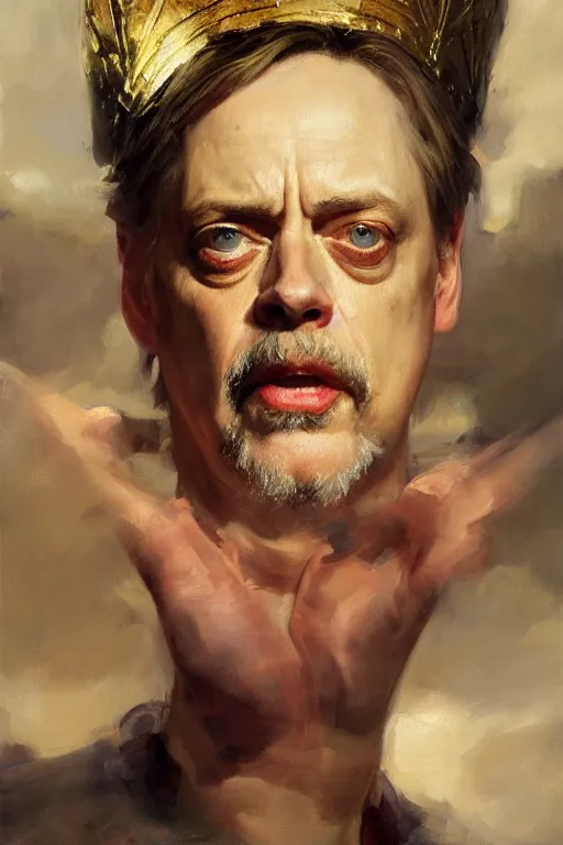 Image similar to beautiful expressive oil painting portrait of ancient roman god emperor steve buscemi ascending wearing the civic crown, art by anders zorn, wonderful masterpiece by greg rutkowski, beautiful cinematic light, american romanticism by greg manchess, jessica rossier